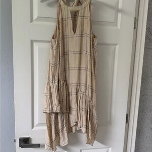 Parker Sleeveless Beige Plaid Asymmetrical Ruffle Dress